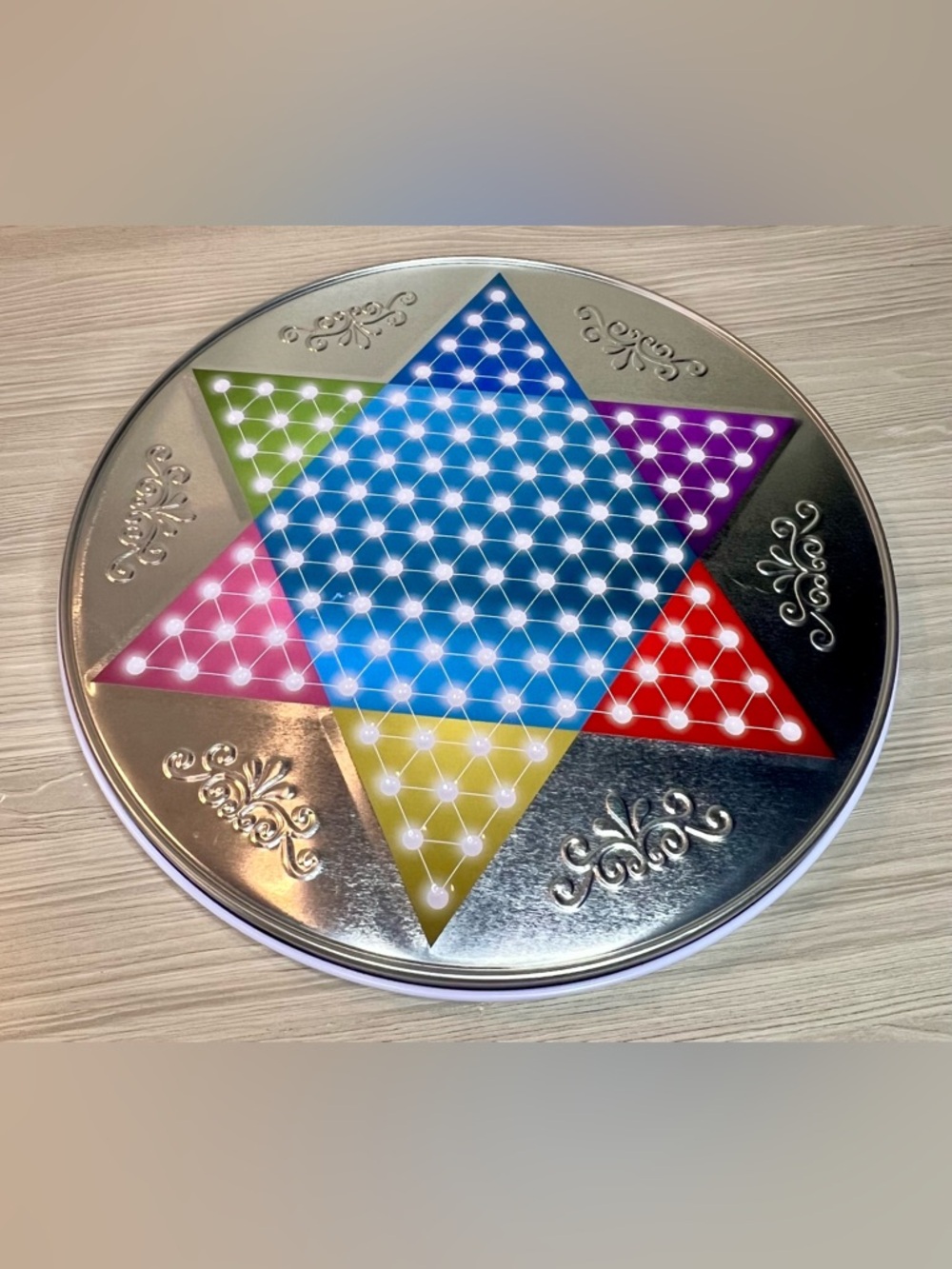 Chinese Checkers Chess Game Board Metal Silver Tin Round 11.5” Diameter